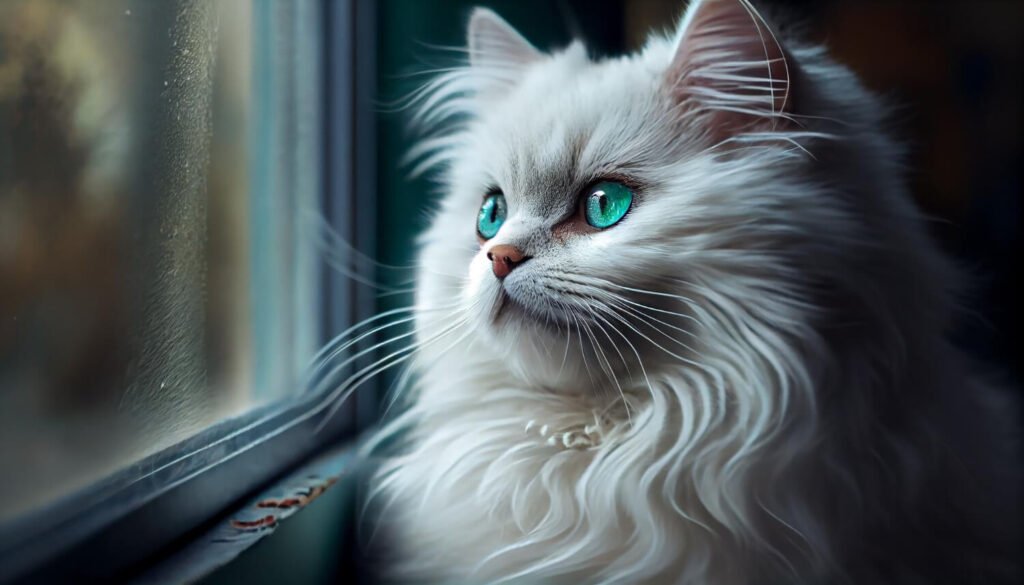 cute domestic kitten sits window staring outside