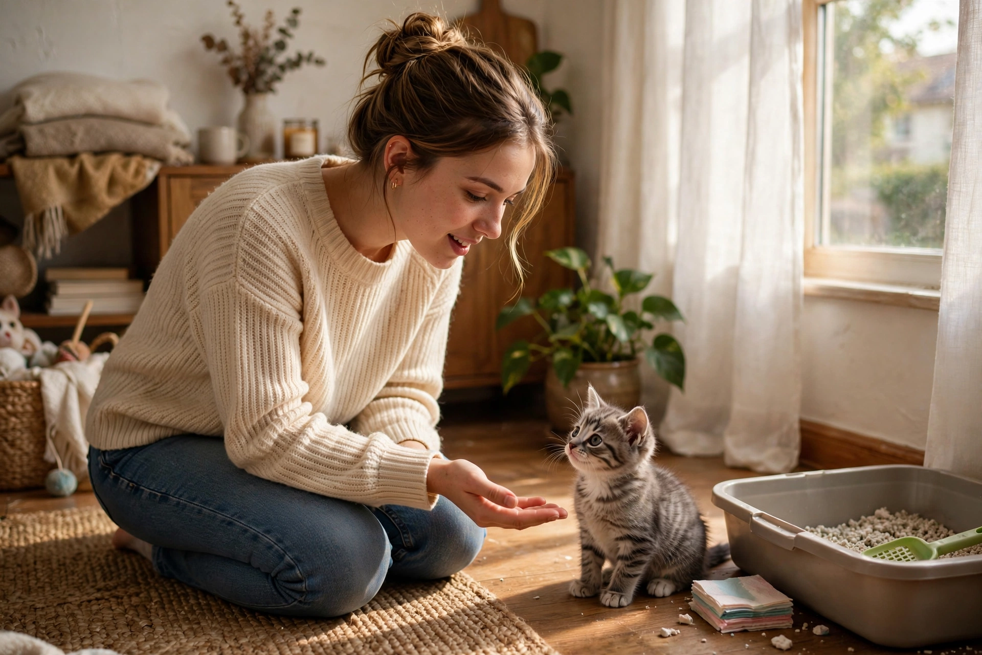 Owner kneeling on the floor gently encouraging a kitten next to its litter box
