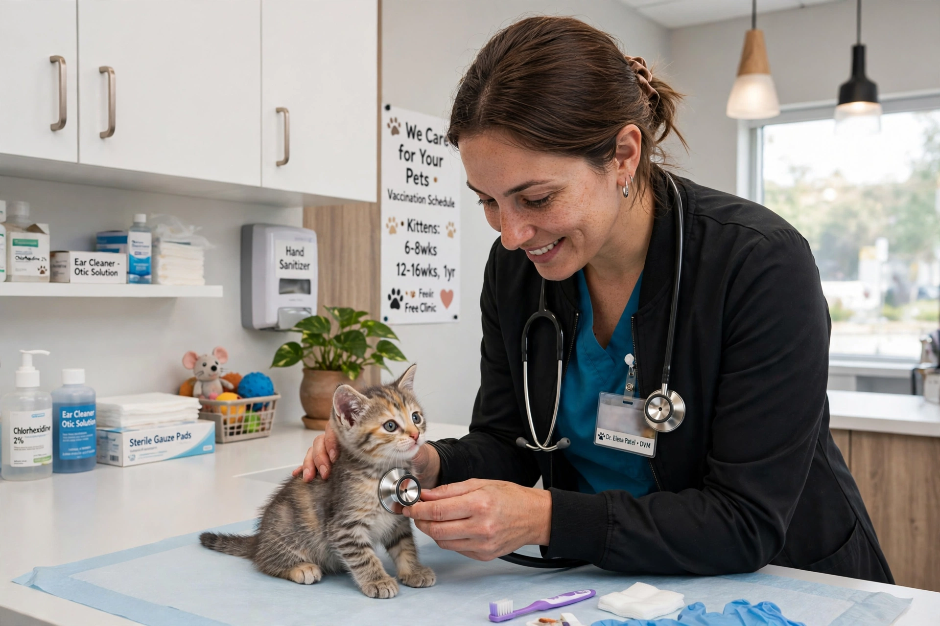 Veterinarian examining a kitten on an exam table in a bright modern clinic