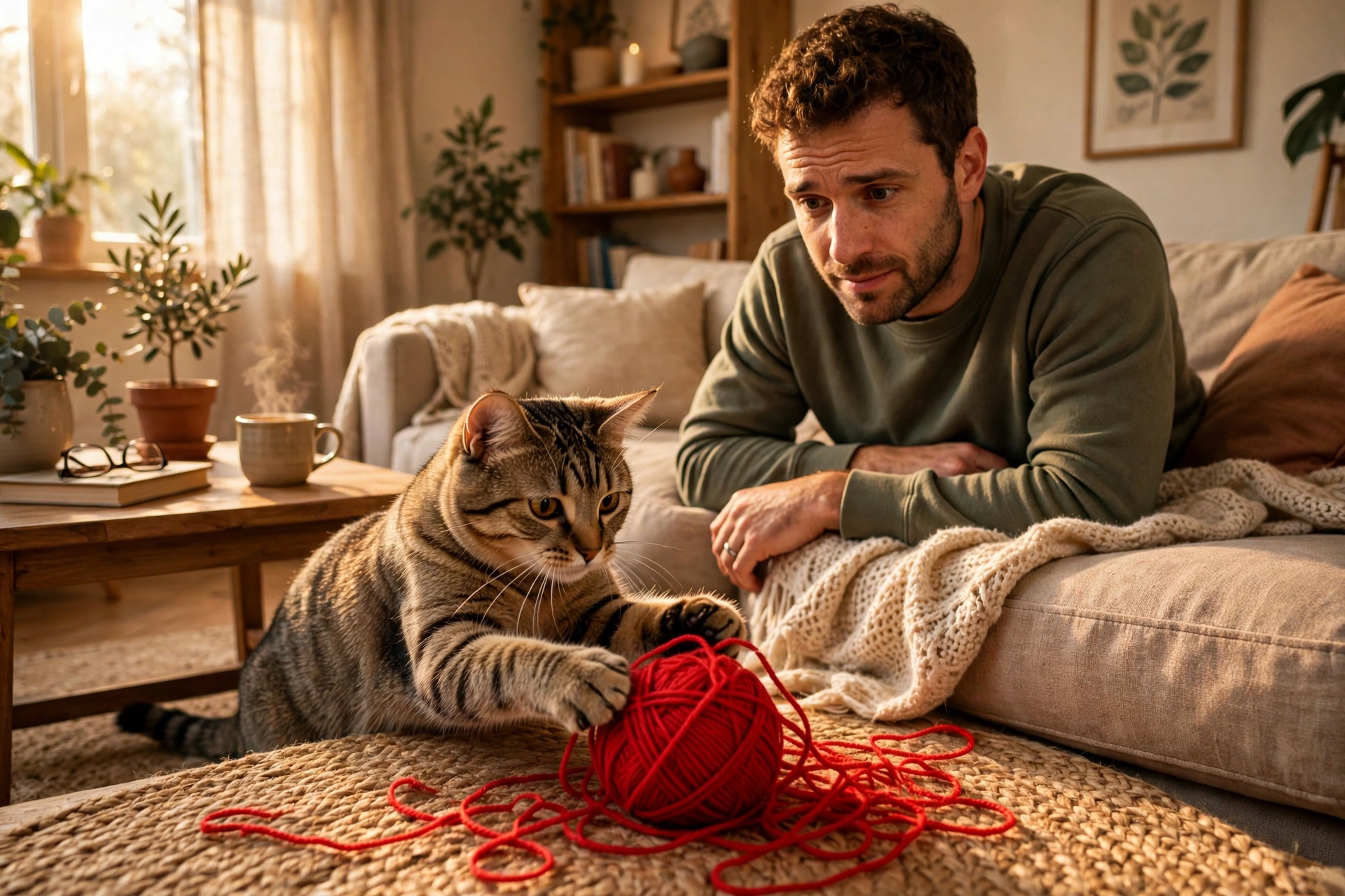 Curious tabby cat batting at a ball of red yarn in a cozy living room