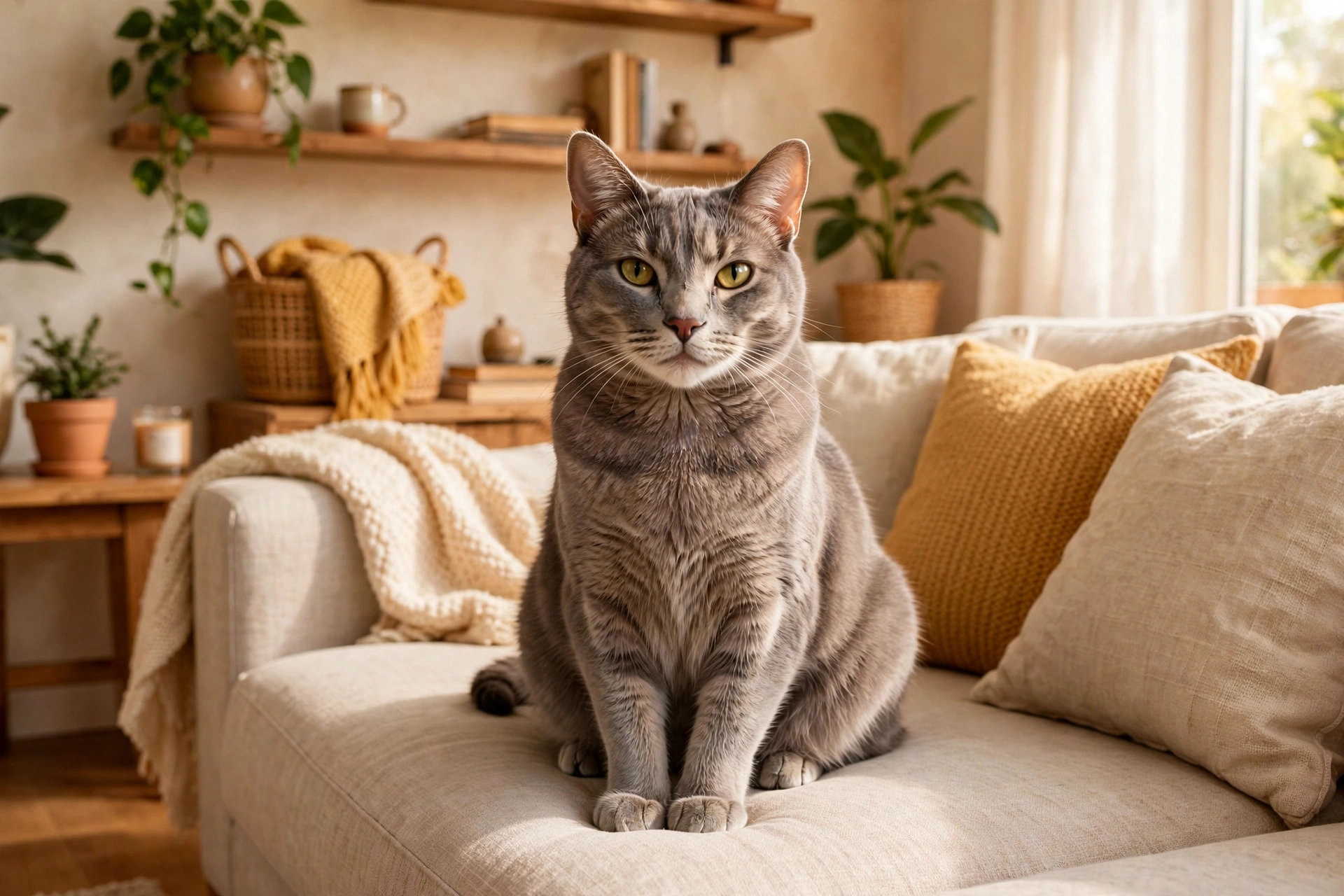 Calm grey cat sitting on a sofa looking relaxed, appearing normal after swallowing string