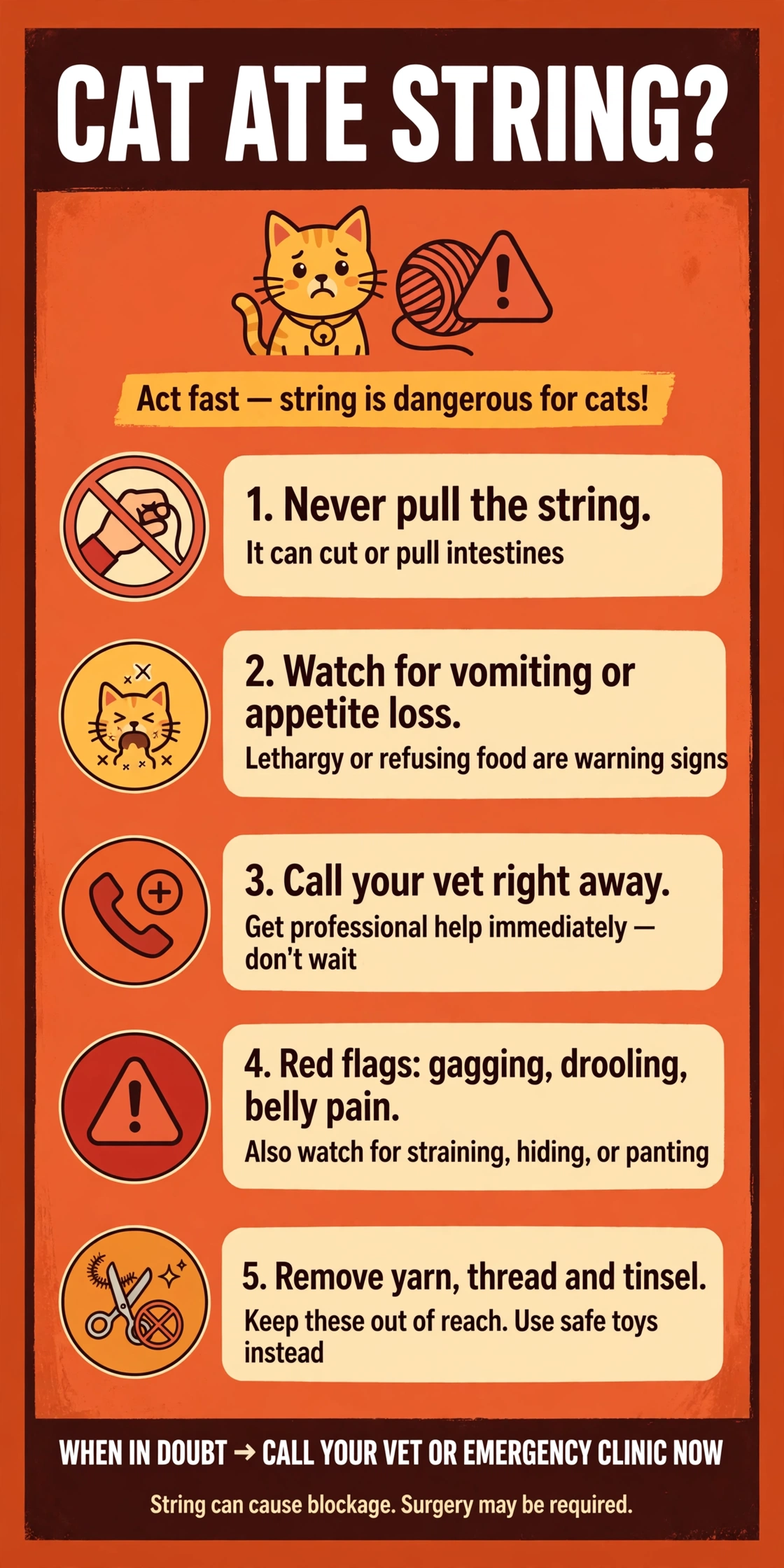 Infographic: what to do if your cat ate string — never pull it, watch for red flags, call your vet