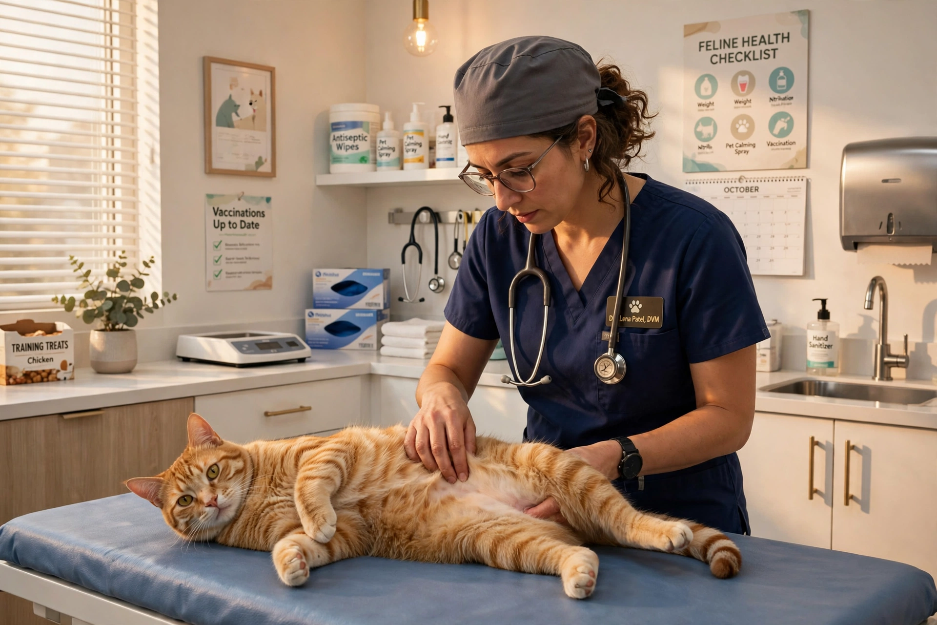 Veterinarian examining a cat's belly on an exam table in a bright clinic