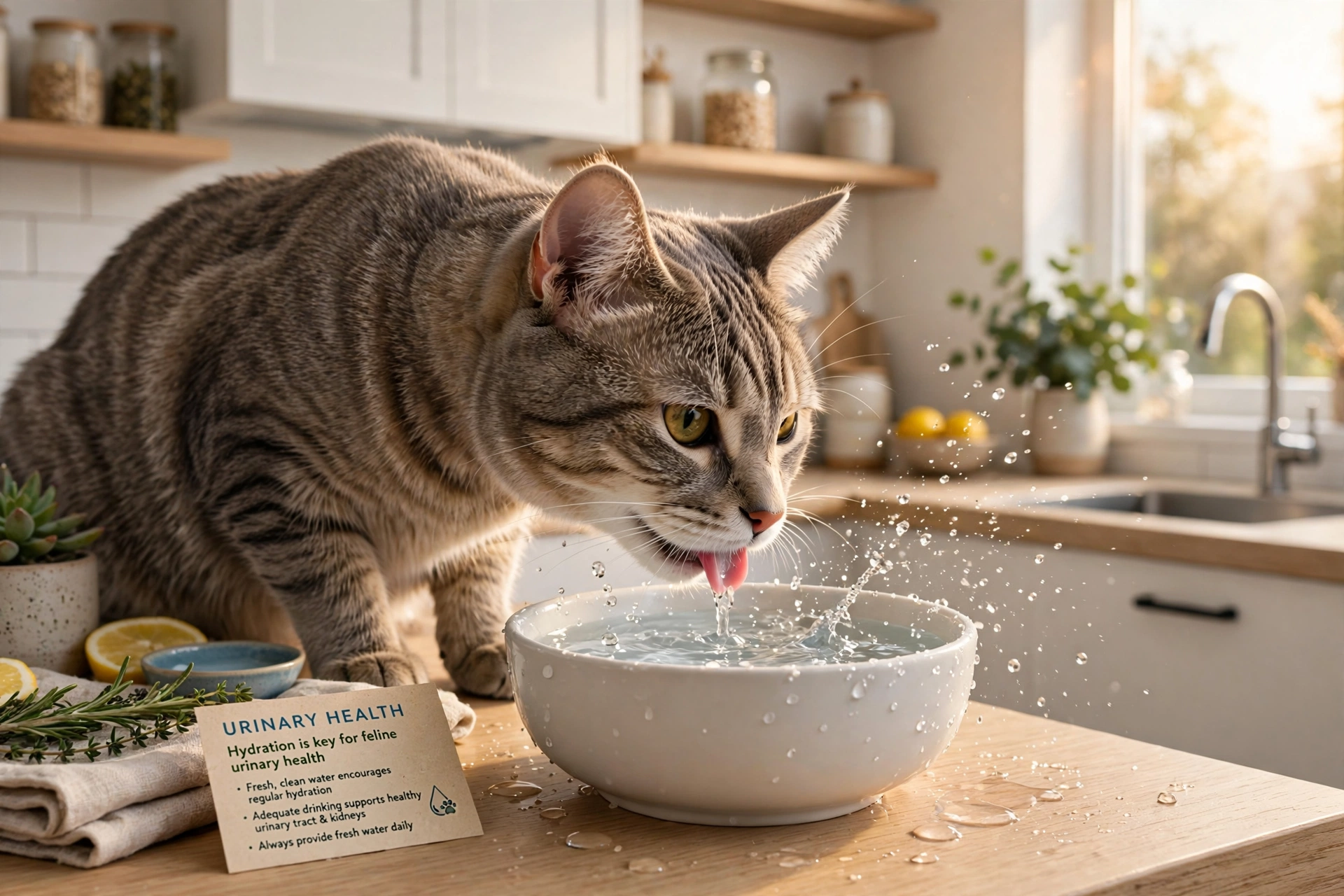Cat drinking fresh water from a clean ceramic bowl in a bright kitchen