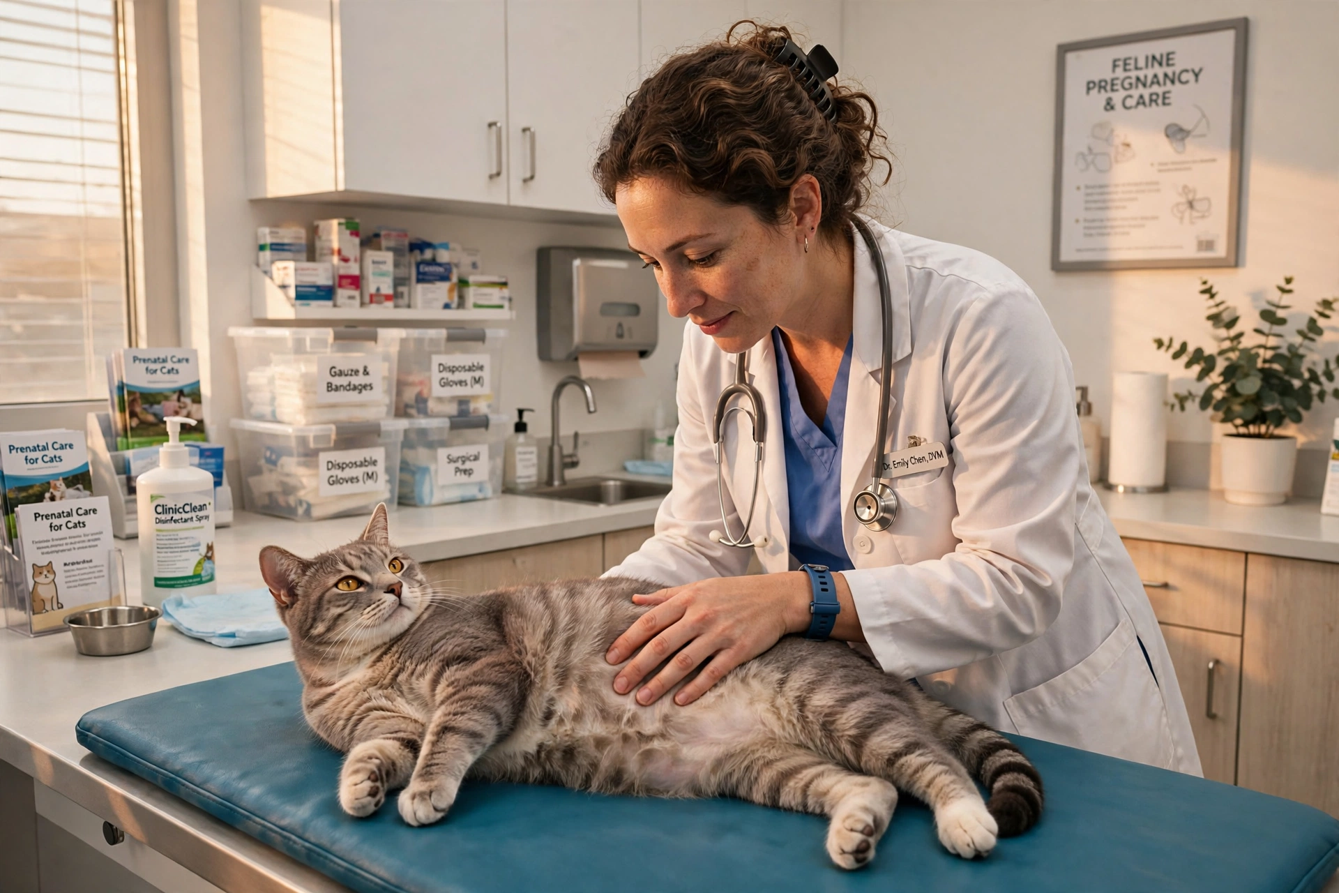 Veterinarian gently examining a pregnant cat's belly in a bright modern clinic