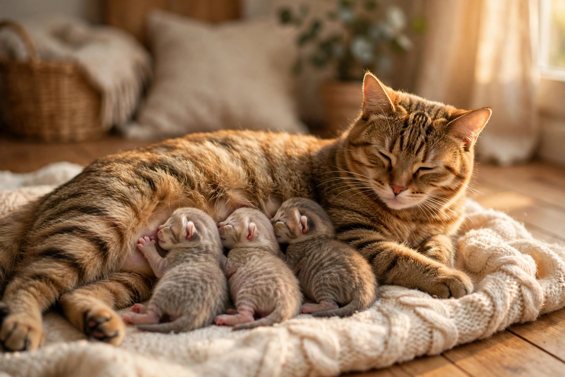 Mother cat nursing three tiny newborn kittens on a soft blanket in warm light