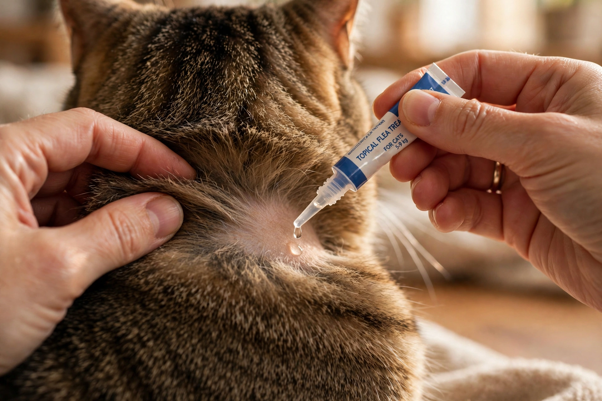 Applying flea treatment to cat