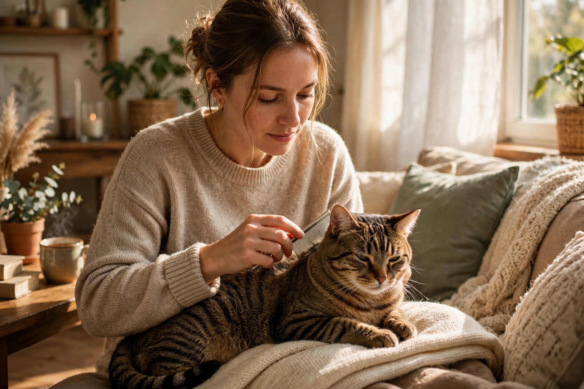Owner gently flea-combing a relaxed tabby cat on their lap in a sunny room