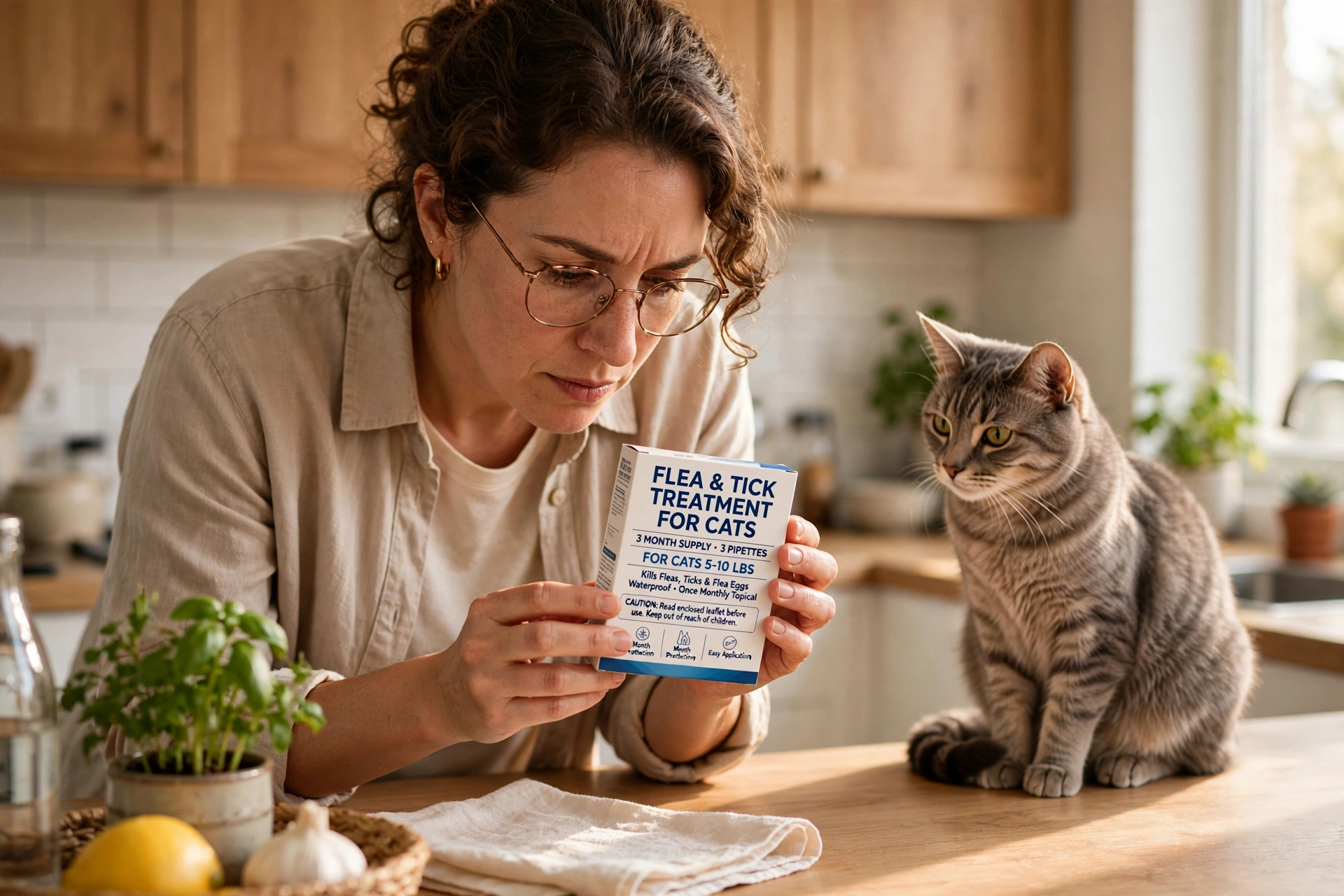 Woman carefully reading a flea treatment label in a bright kitchen with her cat nearby