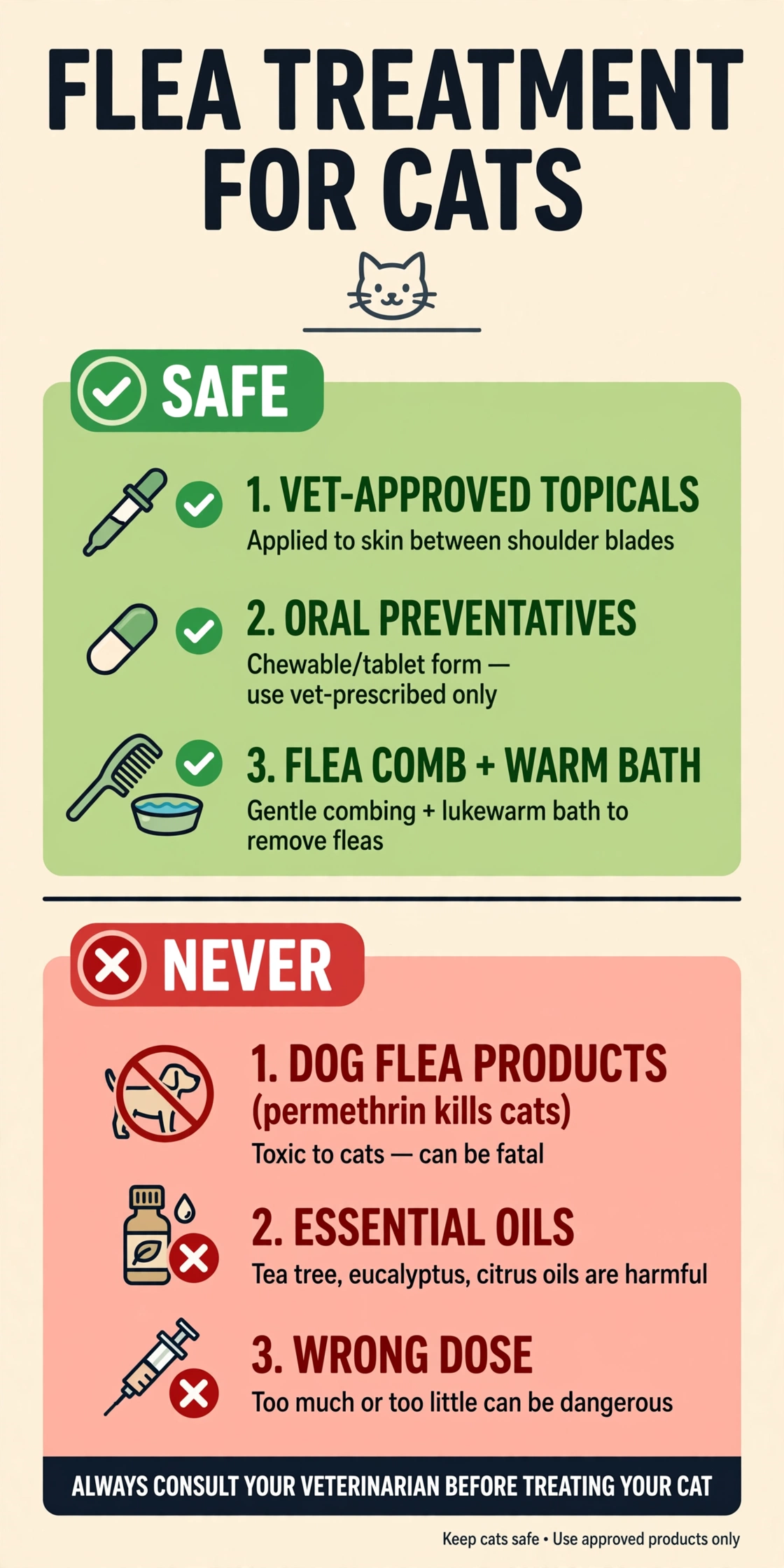 Infographic: safe flea treatments for cats vs never-use list — dog products, essential oils and wrong doses can kill cats
