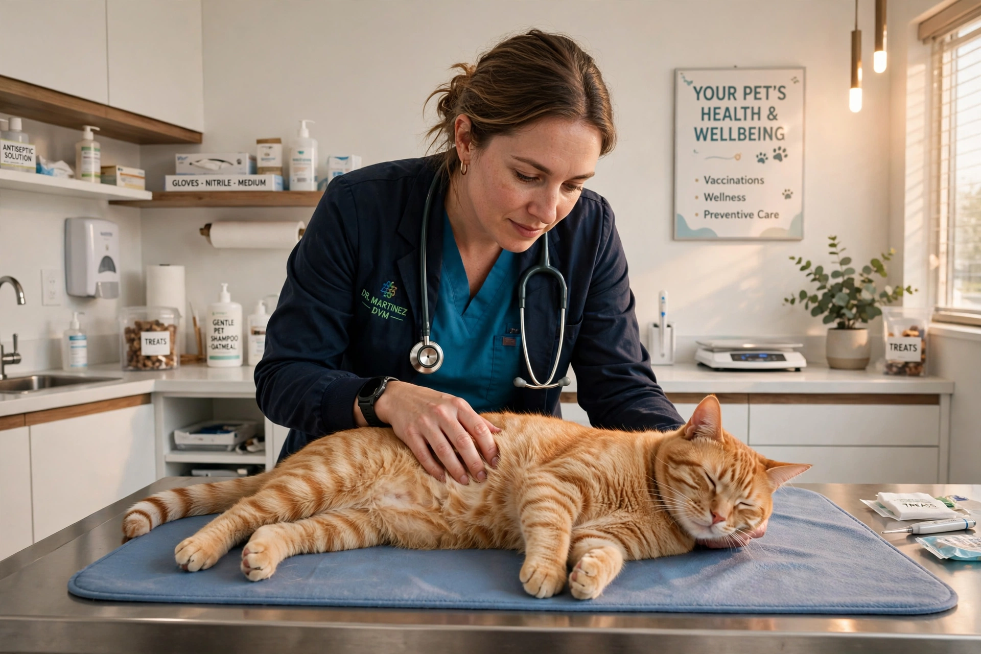 Veterinarian examining a calm cat's belly on an exam table in a bright clinic