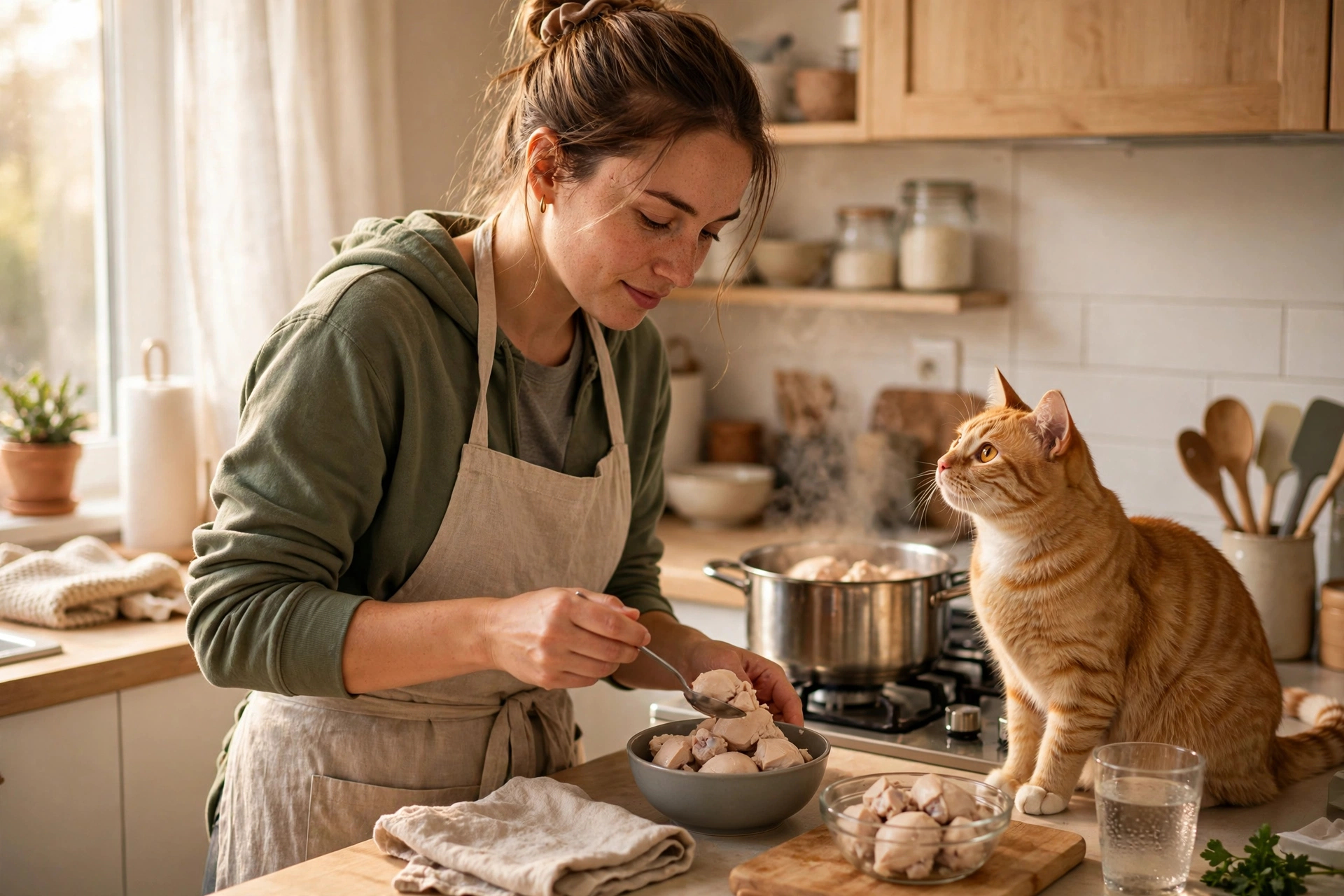 Person preparing a small bowl of plain boiled chicken while a cat waits nearby