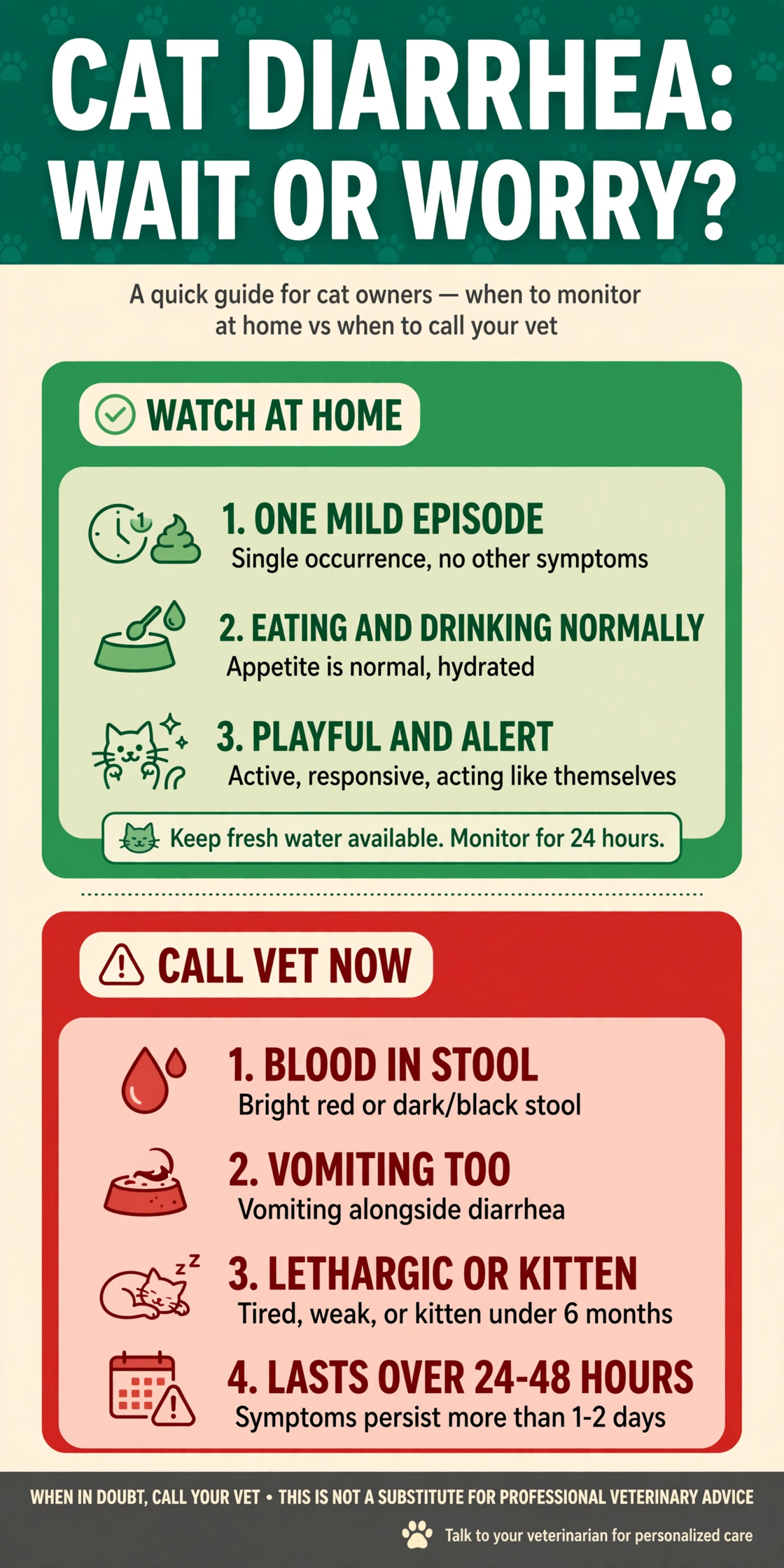 Infographic: cat diarrhea — watch at home vs call vet now, blood, vomiting, lethargy, or lasting over 24-48 hours