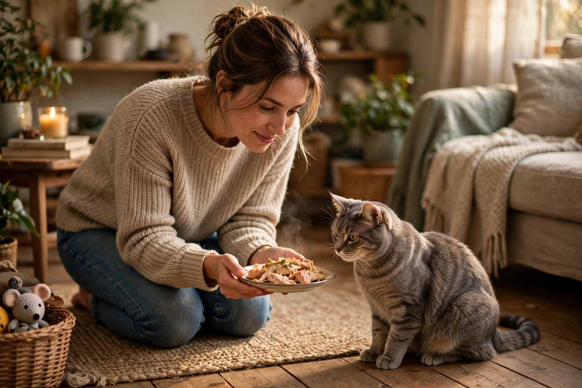 Woman kneeling and gently offering warm tempting food to her hesitant cat