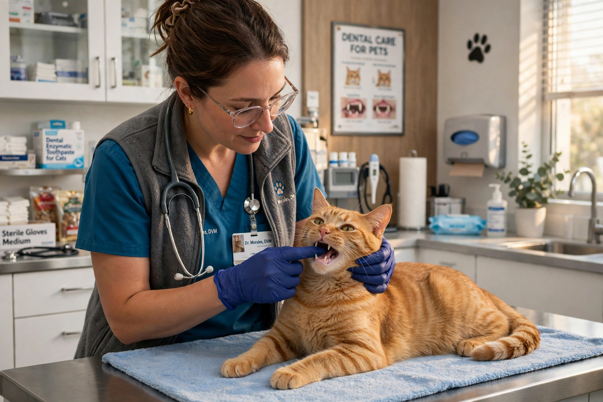 Veterinarian gently checking a calm cat's teeth on an exam table in a bright clinic