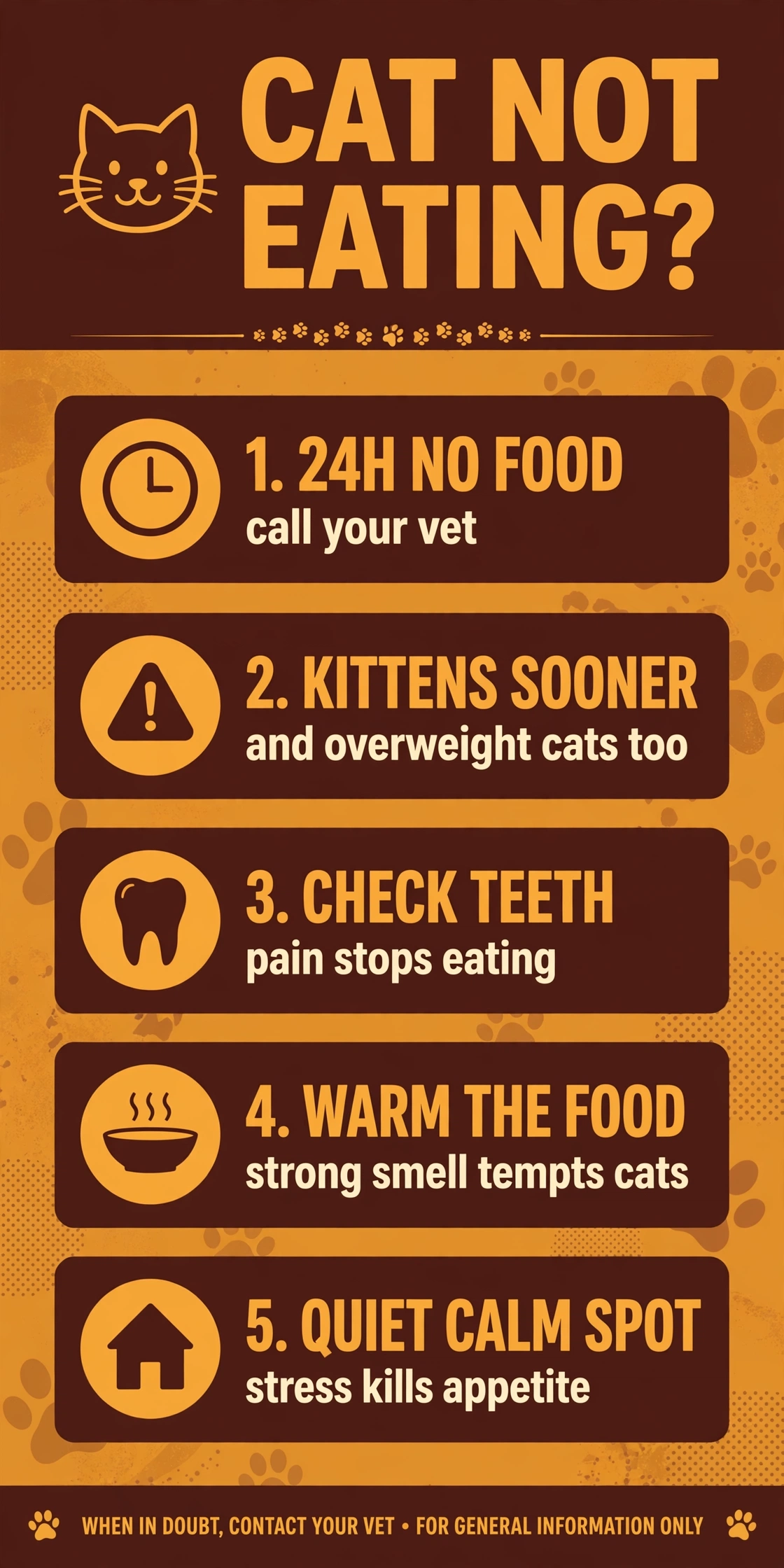 Infographic: cat not eating — 24 hours no food means vet, check teeth, warm the food, keep a quiet calm spot