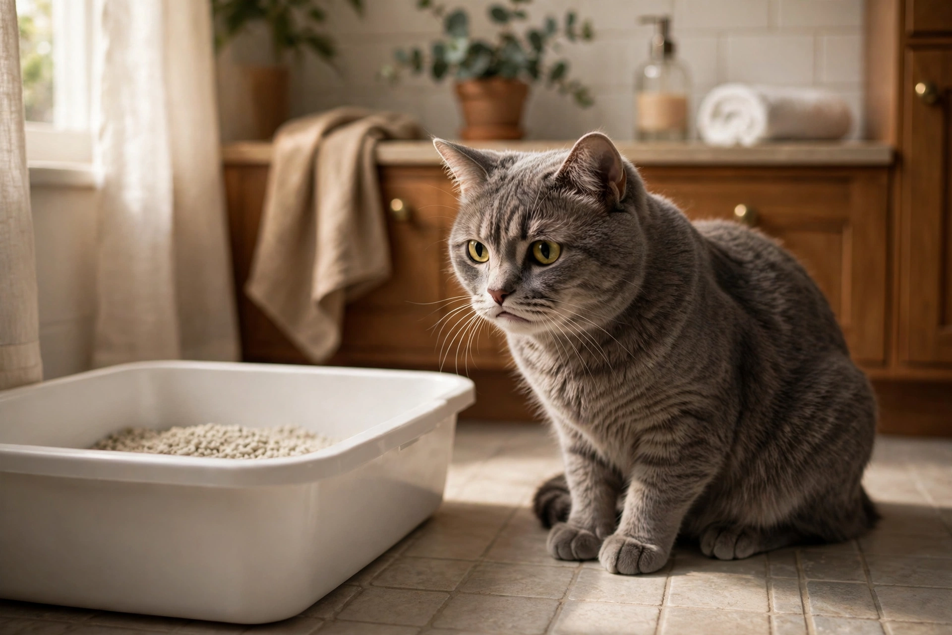 Grey cat sitting hesitantly beside a litter box looking uncomfortable