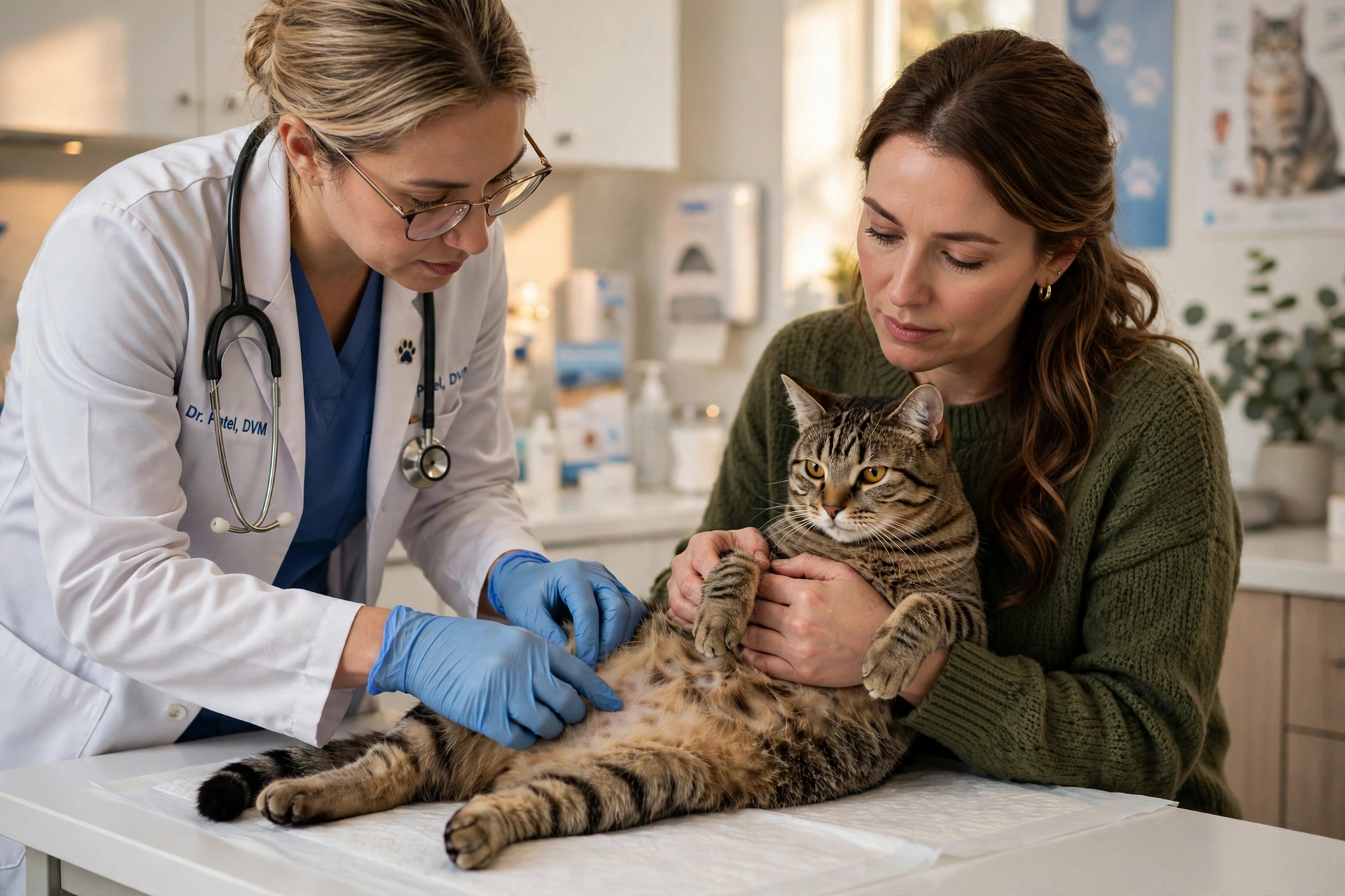 Tabby cat examined by a veterinarian while owner gently holds it