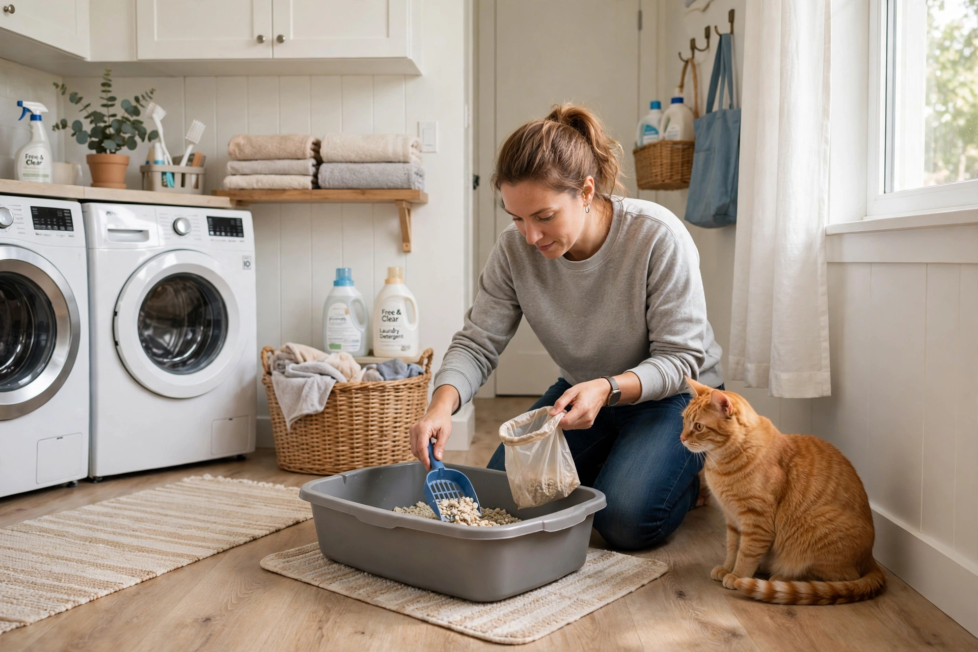 Cat sitting near litter box