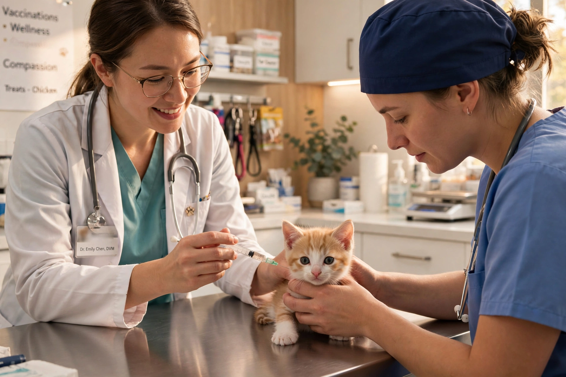 Kitten receiving vaccination at veterinary clinic