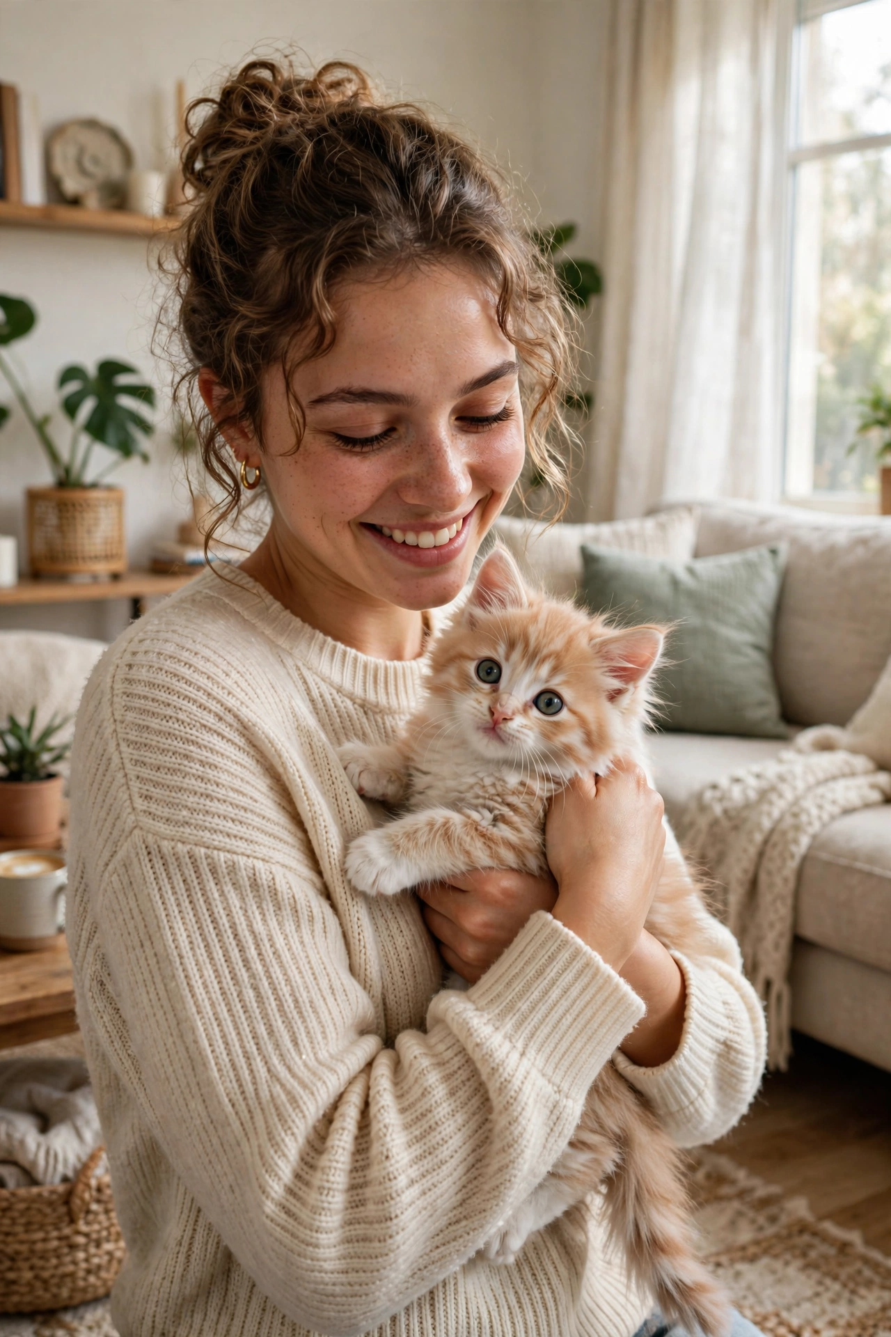 Smiling woman holding a fluffy healthy kitten in a bright living room