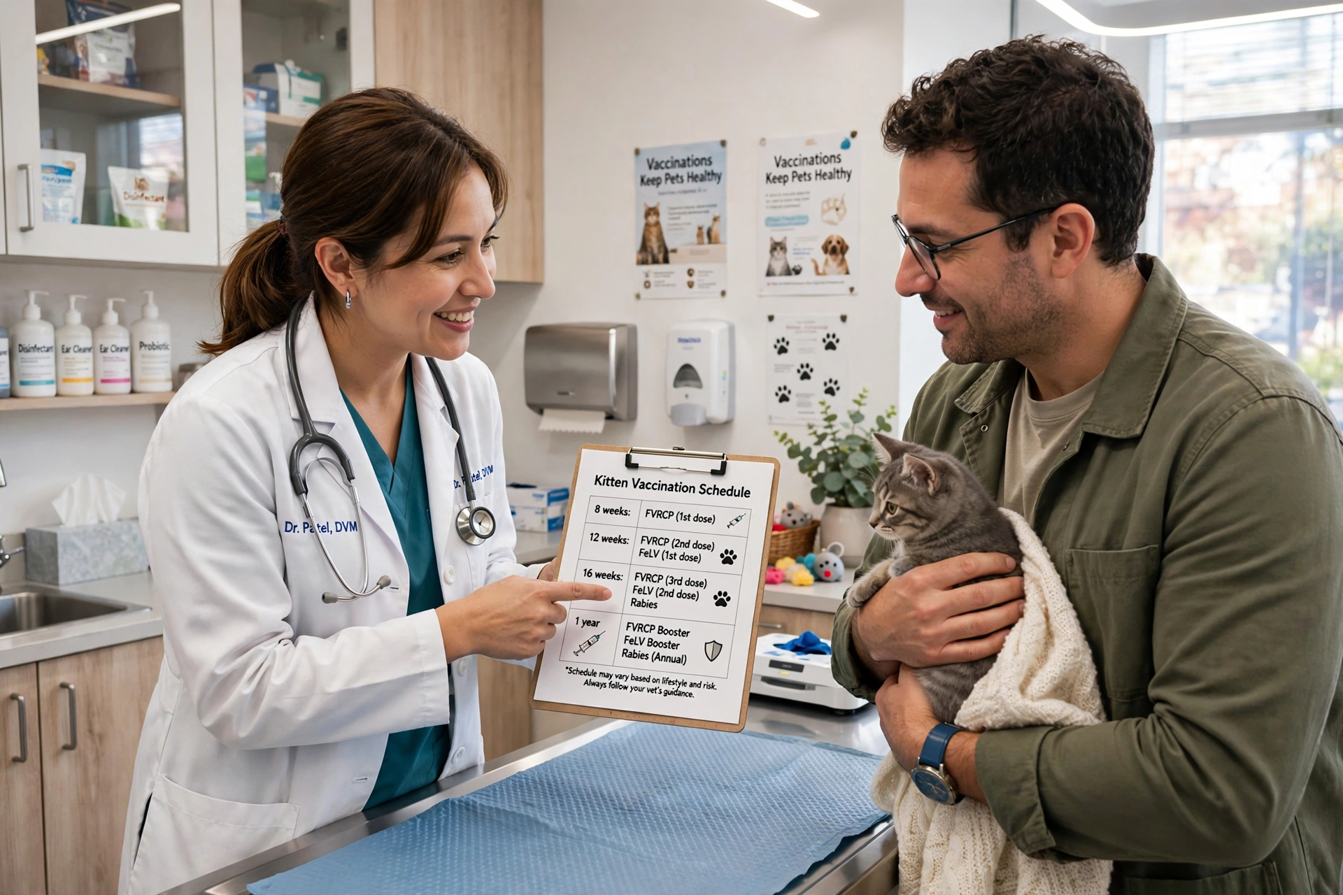 Veterinarian showing a vaccination chart to a cat owner holding a kitten