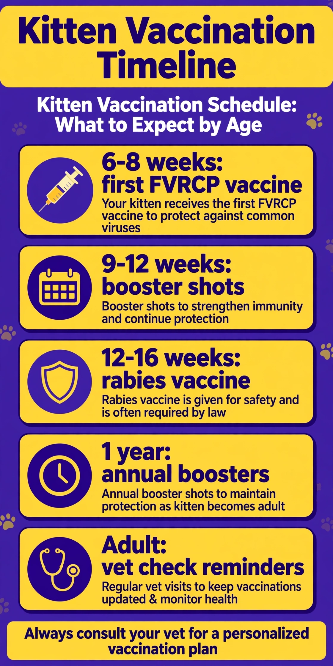 Infographic of the kitten vaccination timeline from 6 weeks to adult boosters