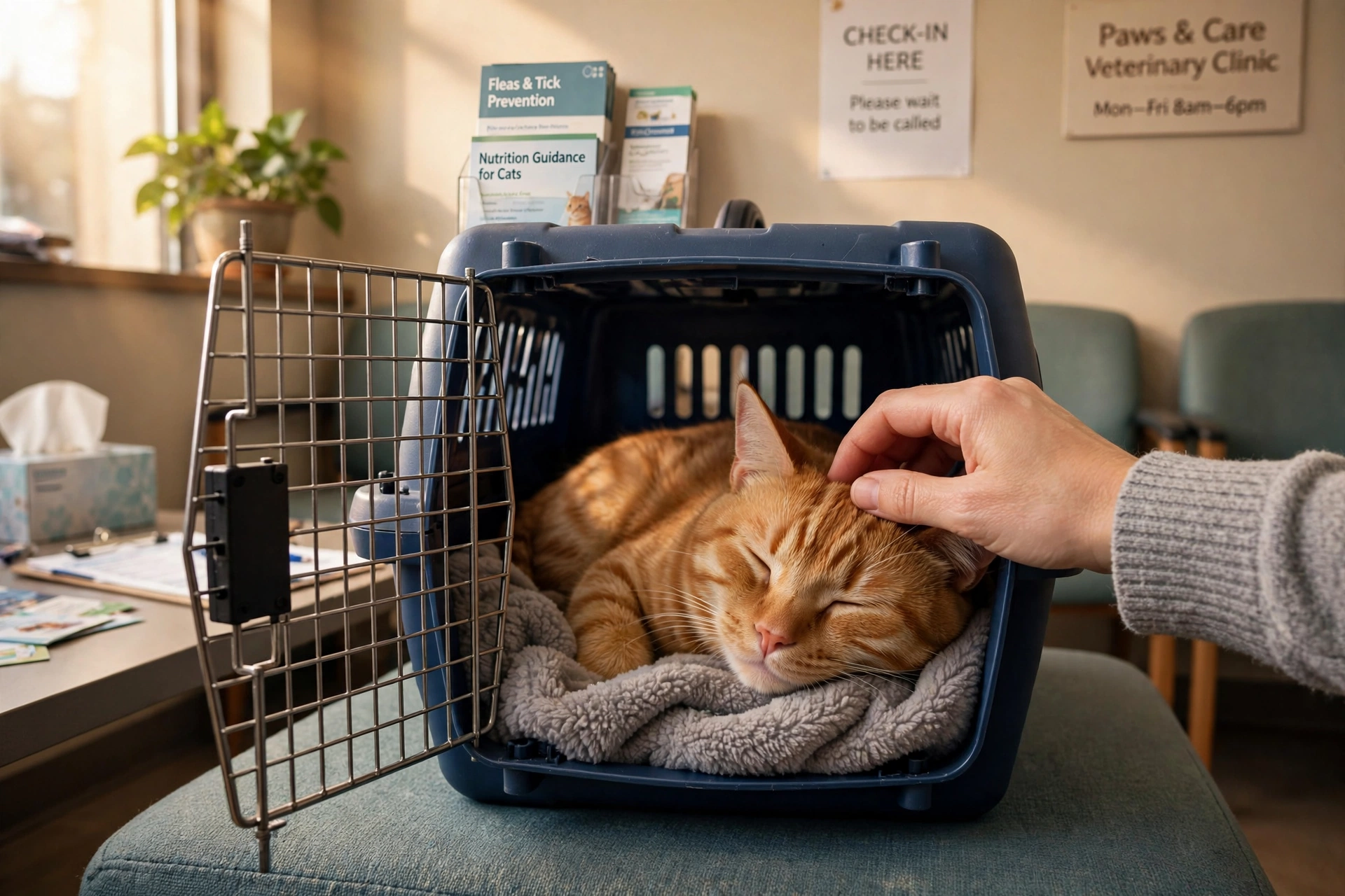 Calm orange cat resting in a carrier at a veterinary clinic while a hand gently pets its head