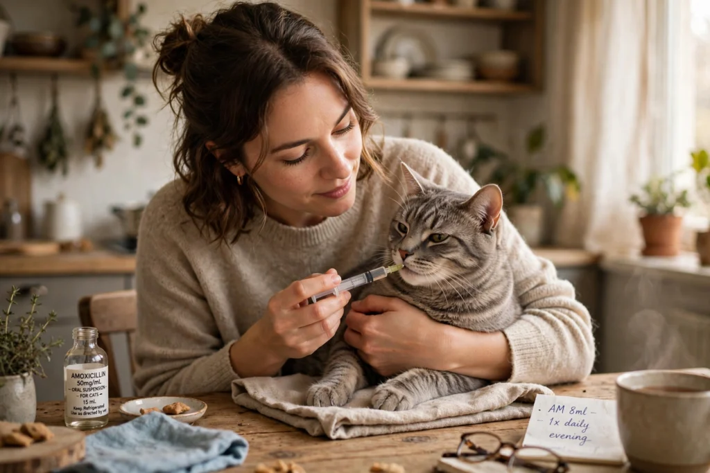 Woman gently giving liquid medication to a gray tabby cat with an oral syringe at a kitchen table