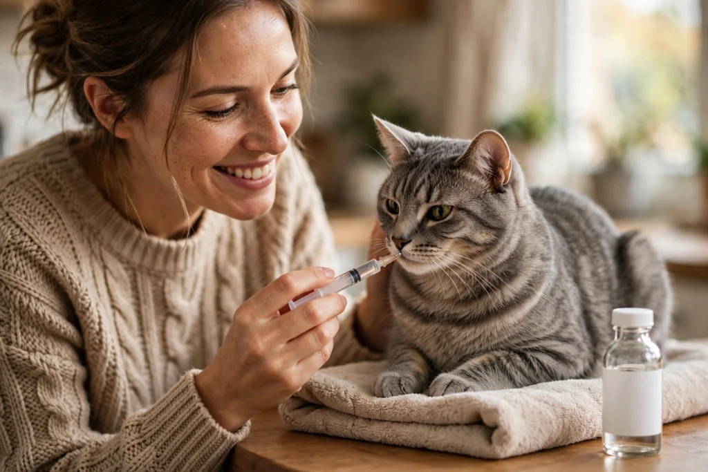 Pet owner gently giving liquid medication to a calm cat with an oral syringe