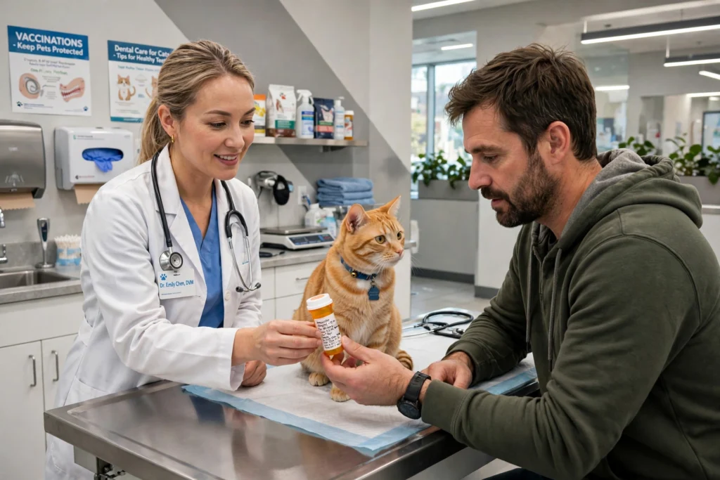 Veterinarian handing a prescription medication bottle to a cat owner with an orange cat on the exam table