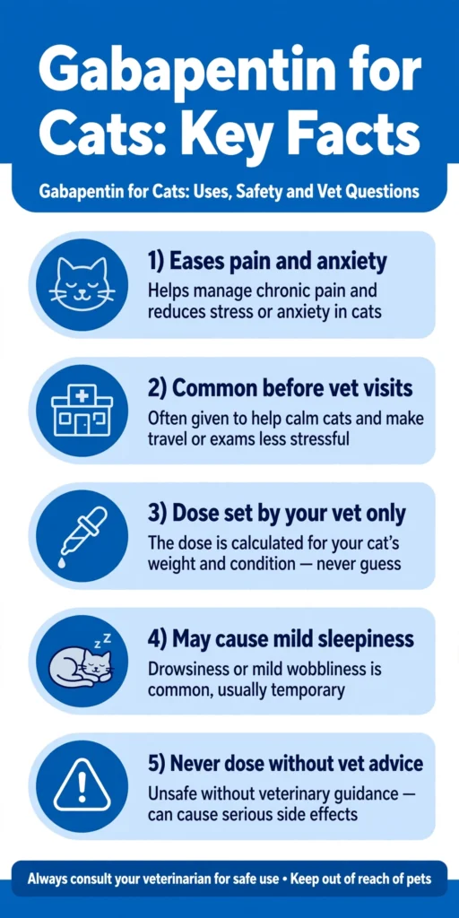 Infographic: gabapentin for cats key facts — uses, vet-set dosing, and safety warnings
