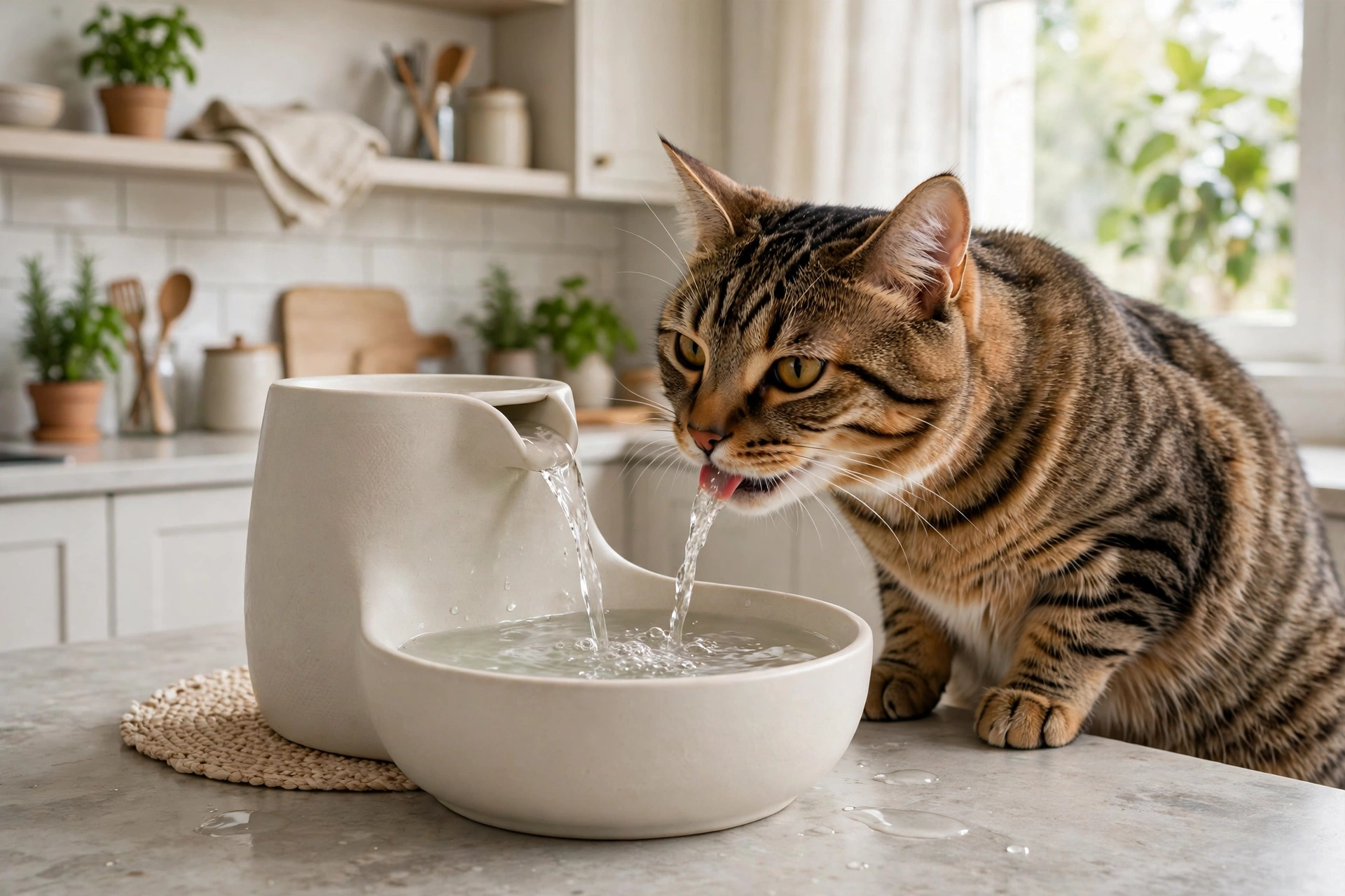 Tabby cat drinking fresh flowing water from a modern pet water fountain