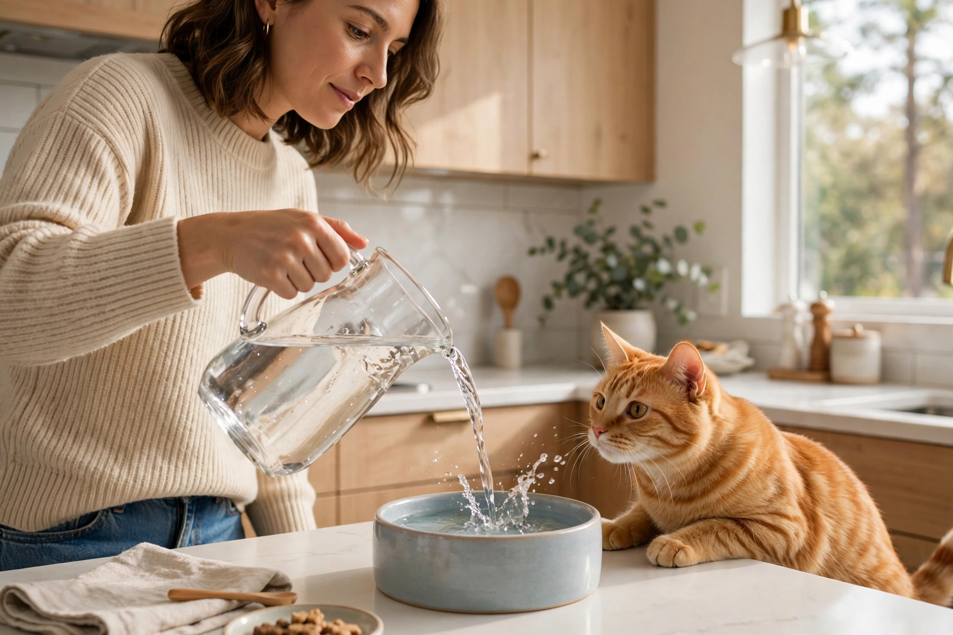 Pet owner pouring fresh water into a cat's bowl while orange cat watches
