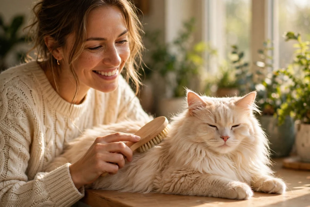 Owner gently brushing a relaxed fluffy cat on a sunny windowsill