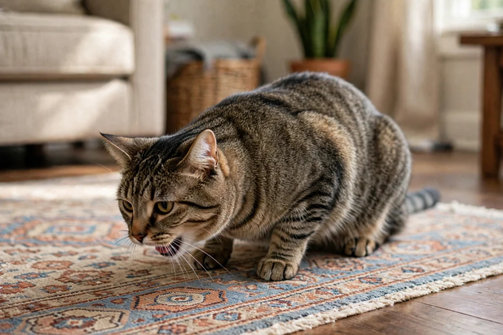 Tabby cat crouched on a rug with its mouth open, appearing to cough