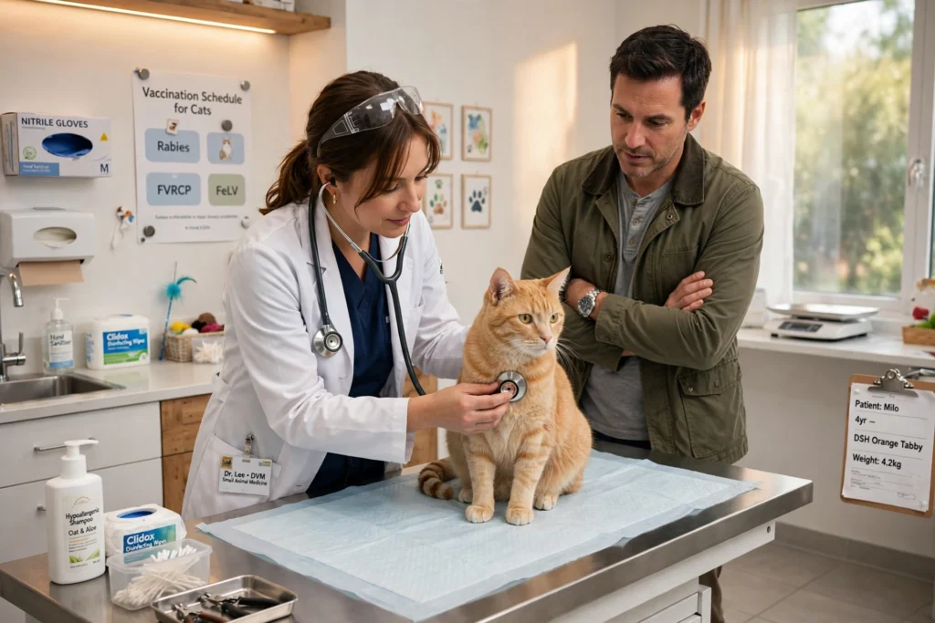 Veterinarian listening to an orange cat's chest with a stethoscope while the owner watches