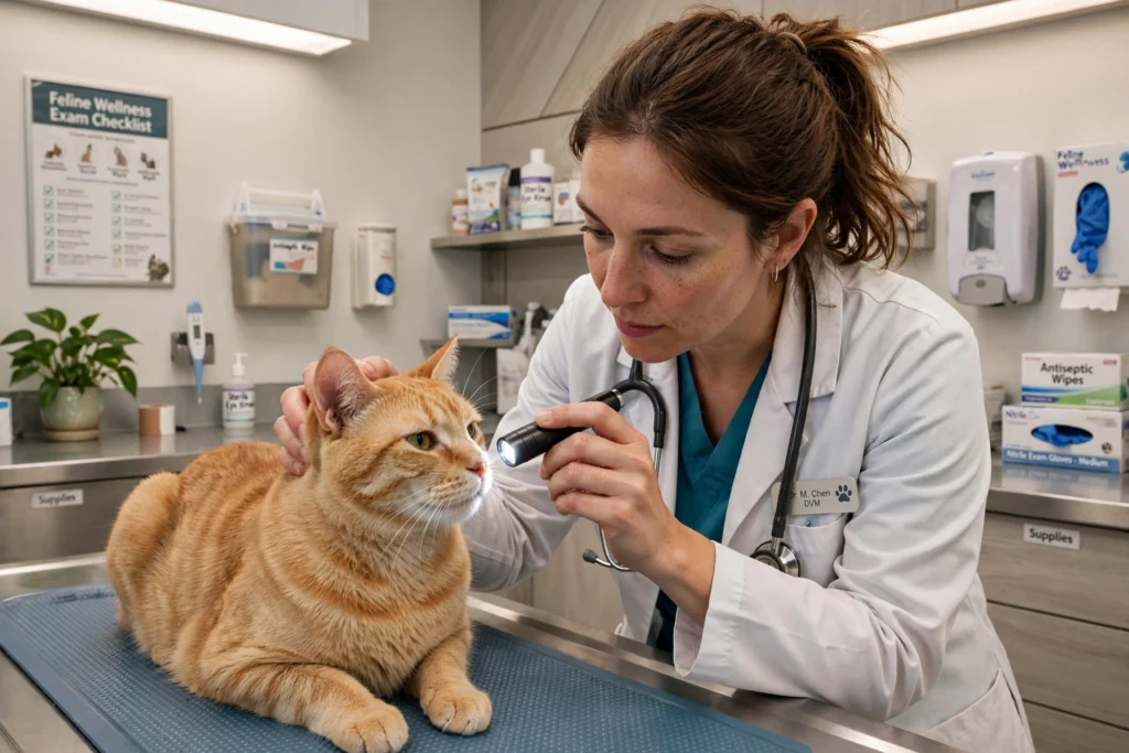 Veterinarian examining an orange cat's nose with a penlight on an exam table in a clinic