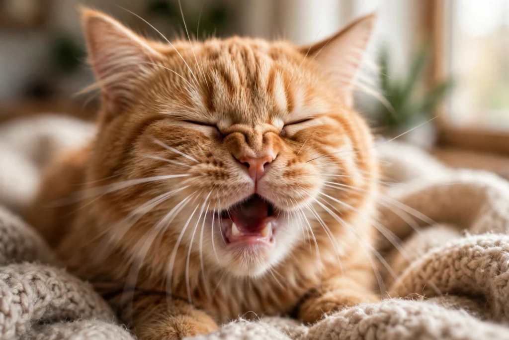Close-up of an orange tabby cat with eyes squeezed shut, appearing to sneeze