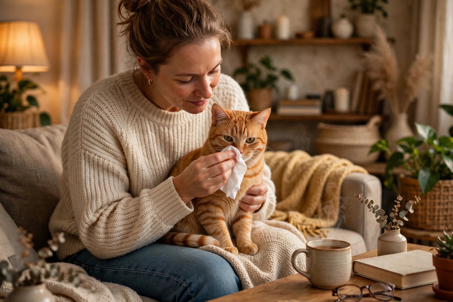Woman gently wiping an orange cat's nose with a tissue while holding it on her lap