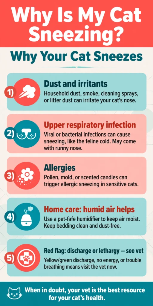 Infographic titled 'Why Is My Cat Sneezing?' listing causes (dust and irritants, upper respiratory infection, allergies), home care tips (humid air), and red flags (discharge or lethargy — see vet)