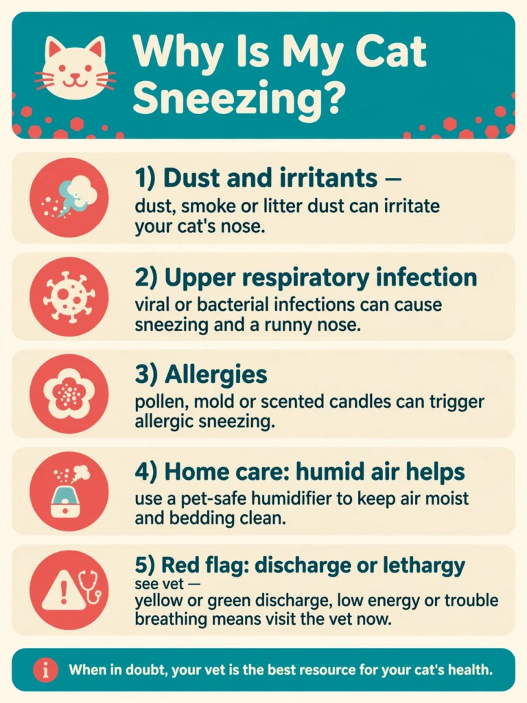 Infographic of common cat sneezing causes, home care tips, and red flags