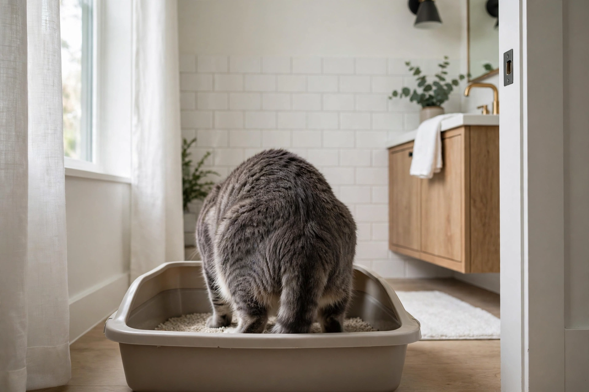 Cat crouching in a straining posture inside a clean litter box