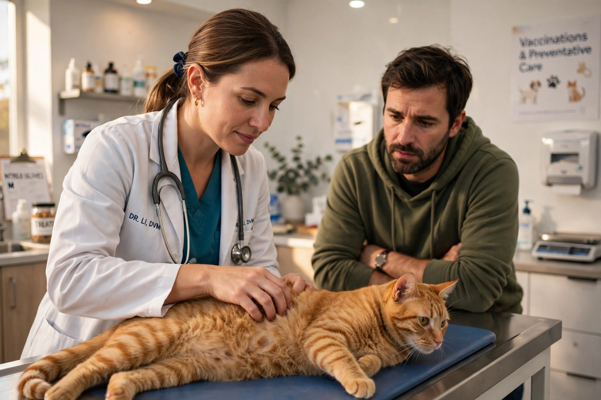 Veterinarian gently examining a cat's abdomen while owner watches