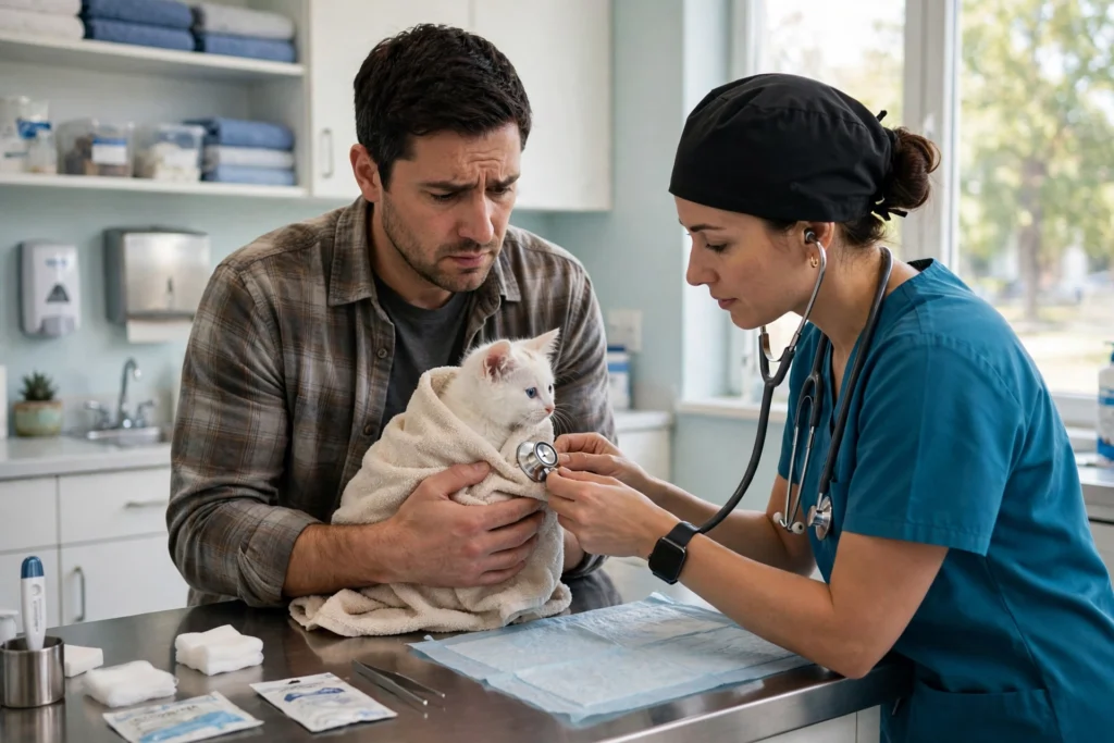 Vet examining a white cat wrapped in a towel while owner holds it