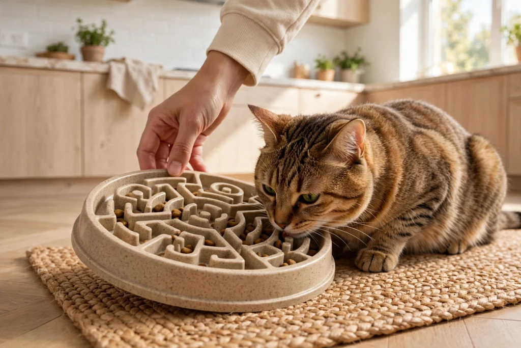 Tabby cat eating from a slow-feeder puzzle bowl in a bright kitchen