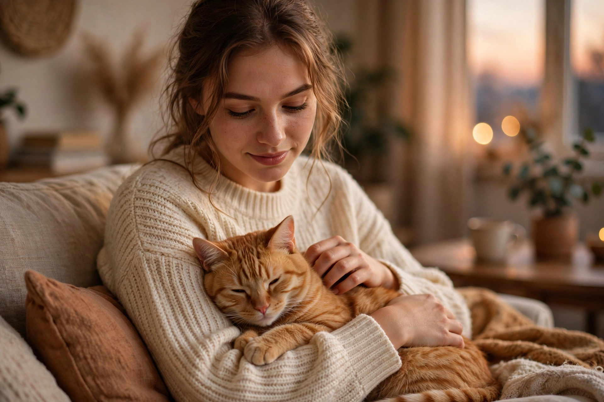 Woman gently holding a sleepy ginger cat on her lap