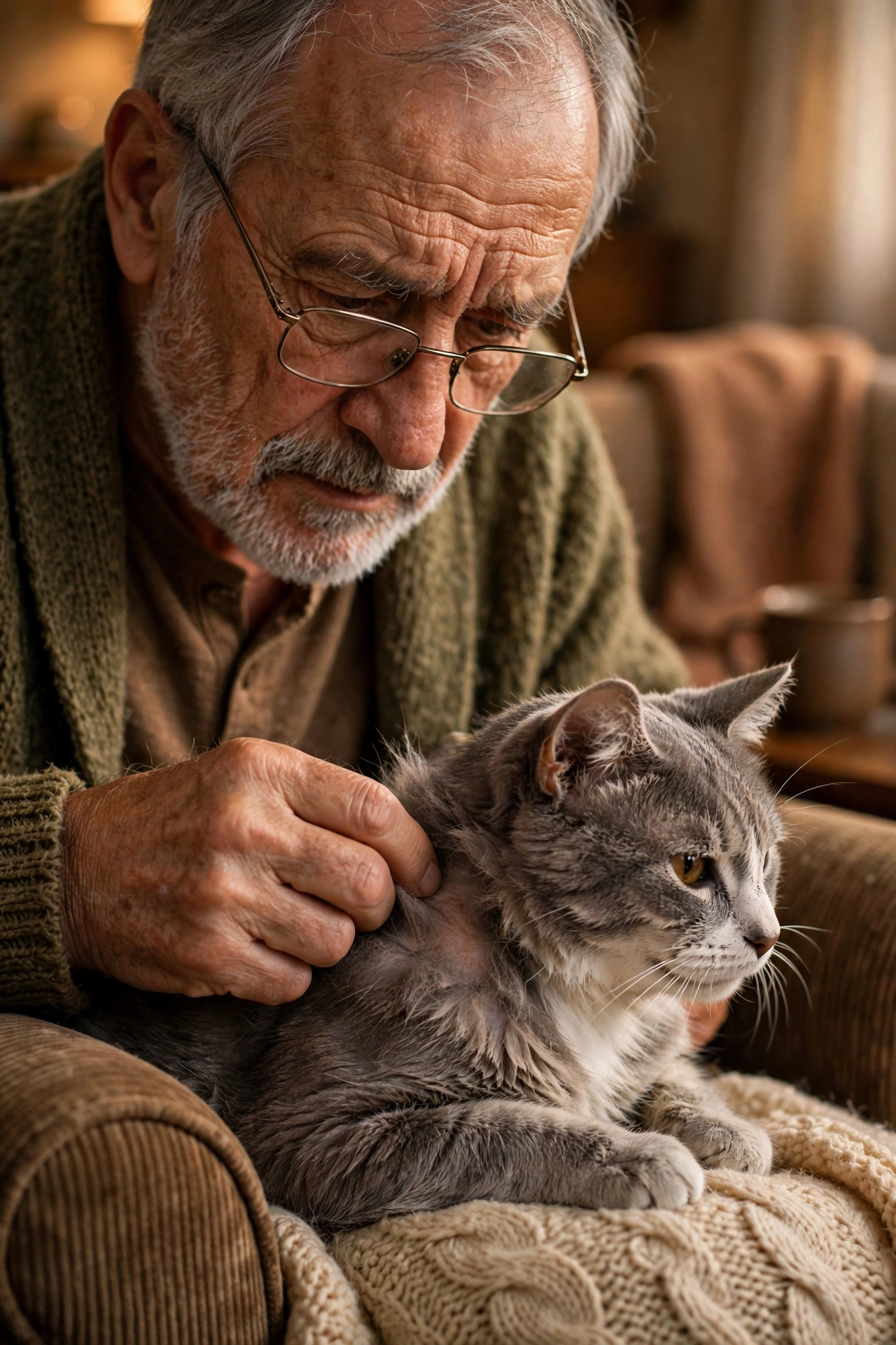 Owner gently checking a senior cat's skin while it sits on his lap