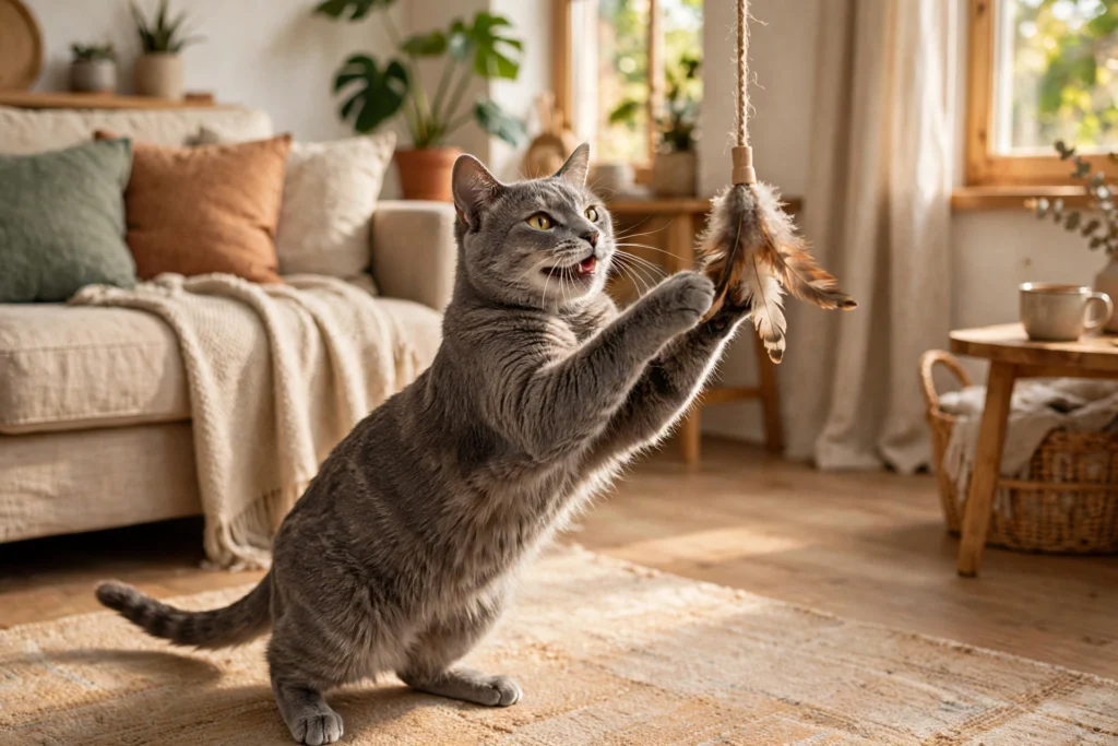 Senior grey cat playing with a feather toy in a sunny room