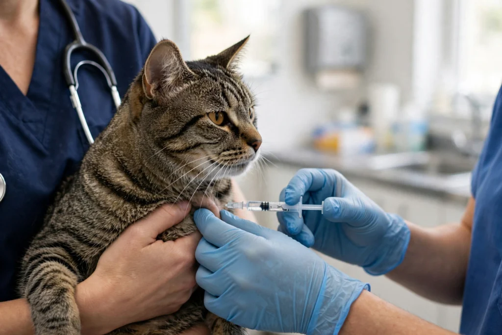 Vet giving a small injection to a calm senior cat in a clinic